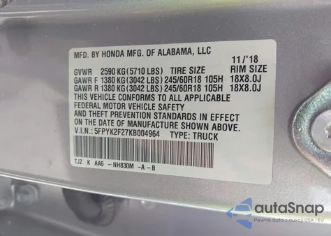 2019 Honda Ridgeline Rt from USA, damaged, VIN 5FPYK2F27KB004964